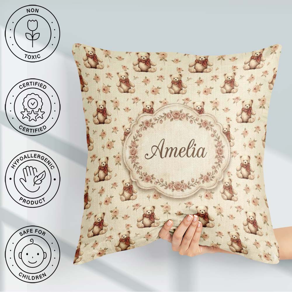 Custom Name Adorable Teddy Bear with Rose Floral Seamless Lovely Square Filled Cushion Throw Pillow Sofa Bed Home Decor Zip Washable UK Made