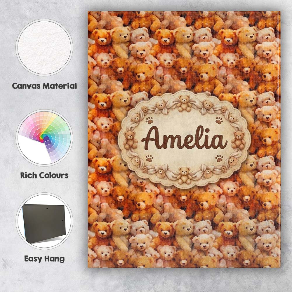 Personalised Name Soft Watercolor Teddy Custom Modern Room Accent Elegant Feature Canvas Wall Art Print Decor Picture Ready to Hang