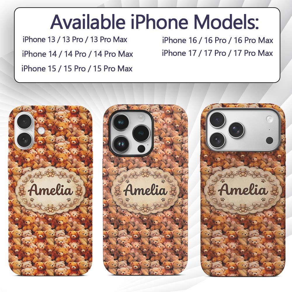Soft Watercolor Teddy Bear Cluster Printed Design Custom Name Protective Phone Case Mobile Cover Durable Everyday Smartphone Shock Resistant