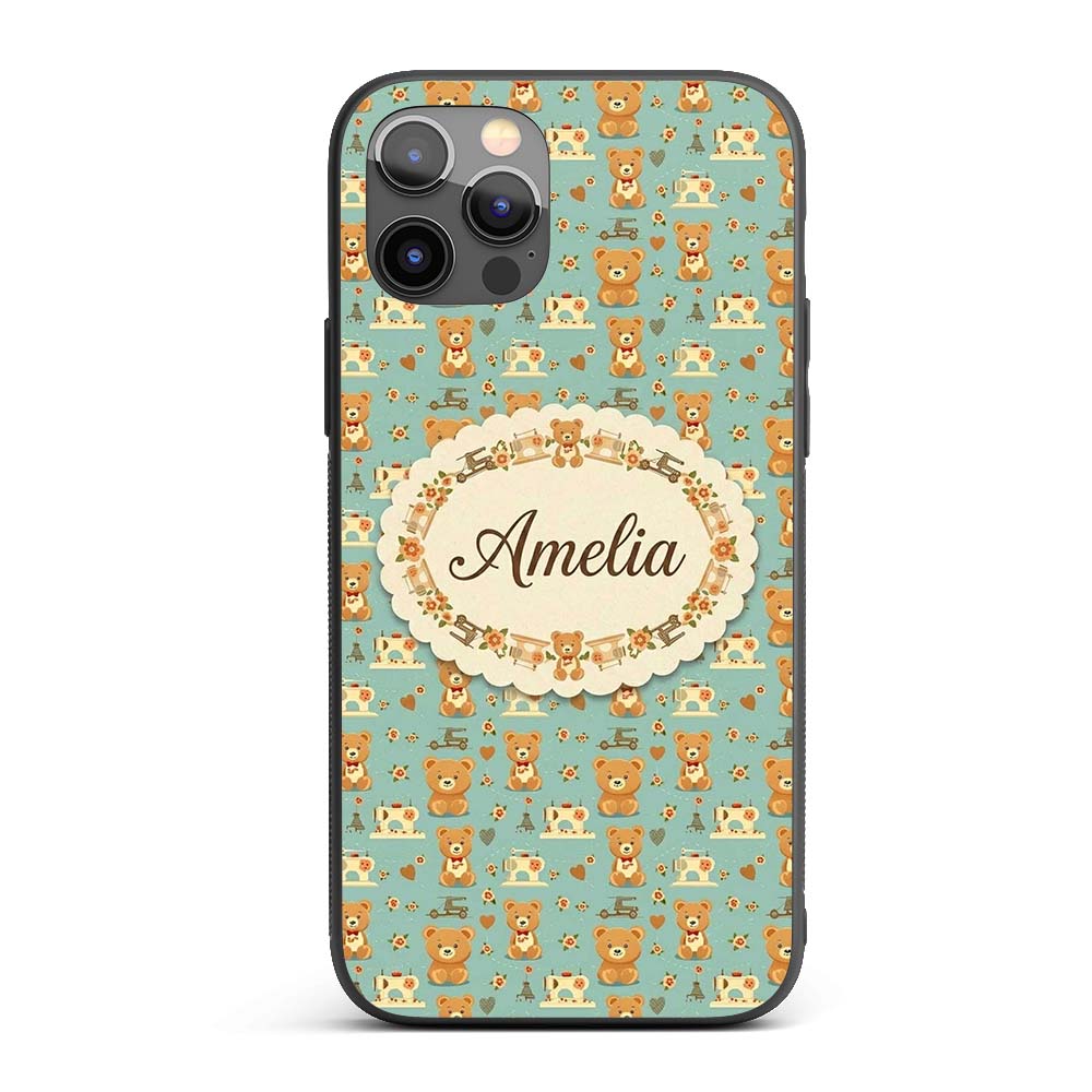 Cute Teddy Bear Sewing Theme Decorative Design Custom Name Protective Phone Case Mobile Cover Durable Everyday Smartphone Shock Resistant