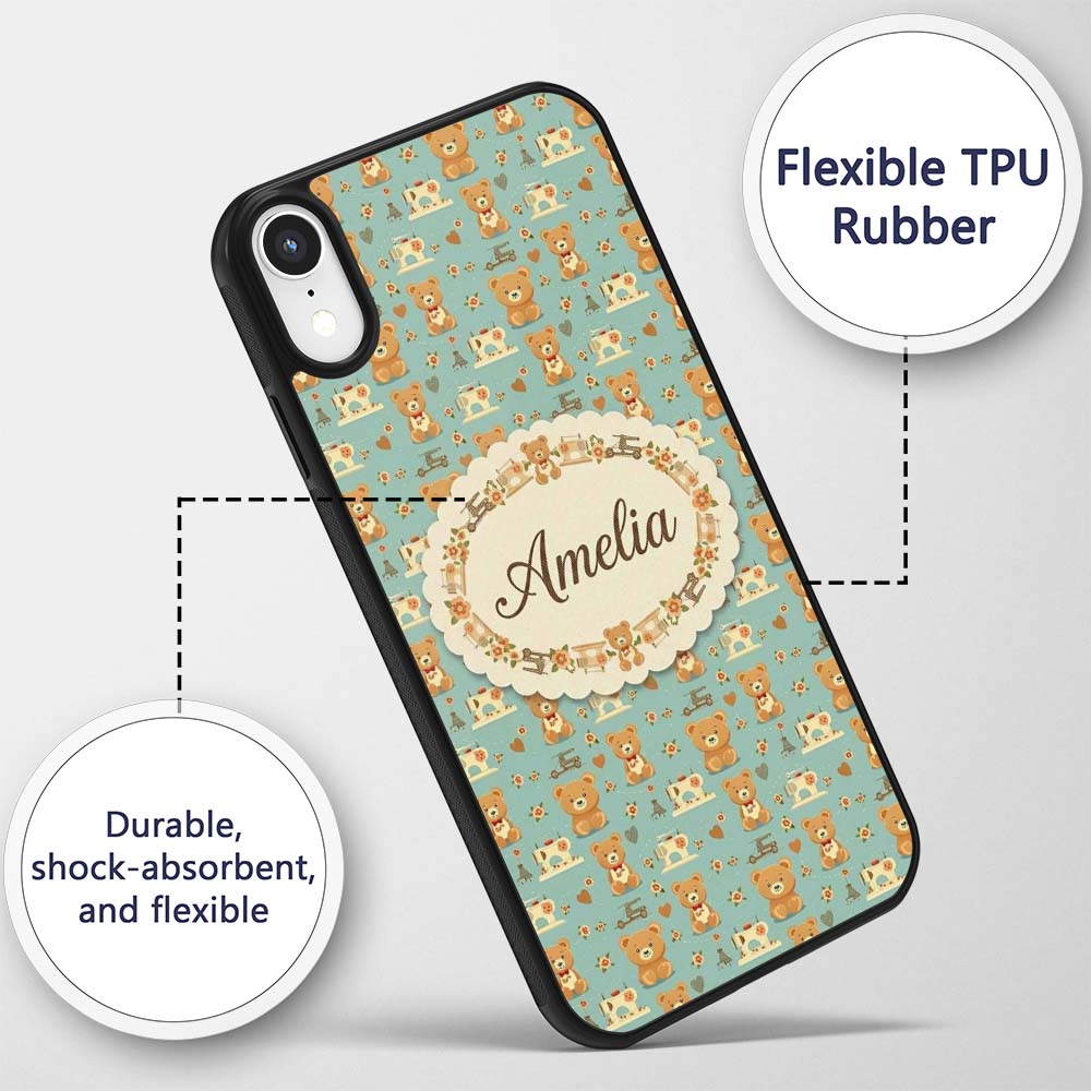 Cute Teddy Bear Sewing Theme Decorative Design Custom Name Protective Phone Case Mobile Cover Durable Everyday Smartphone Shock Resistant