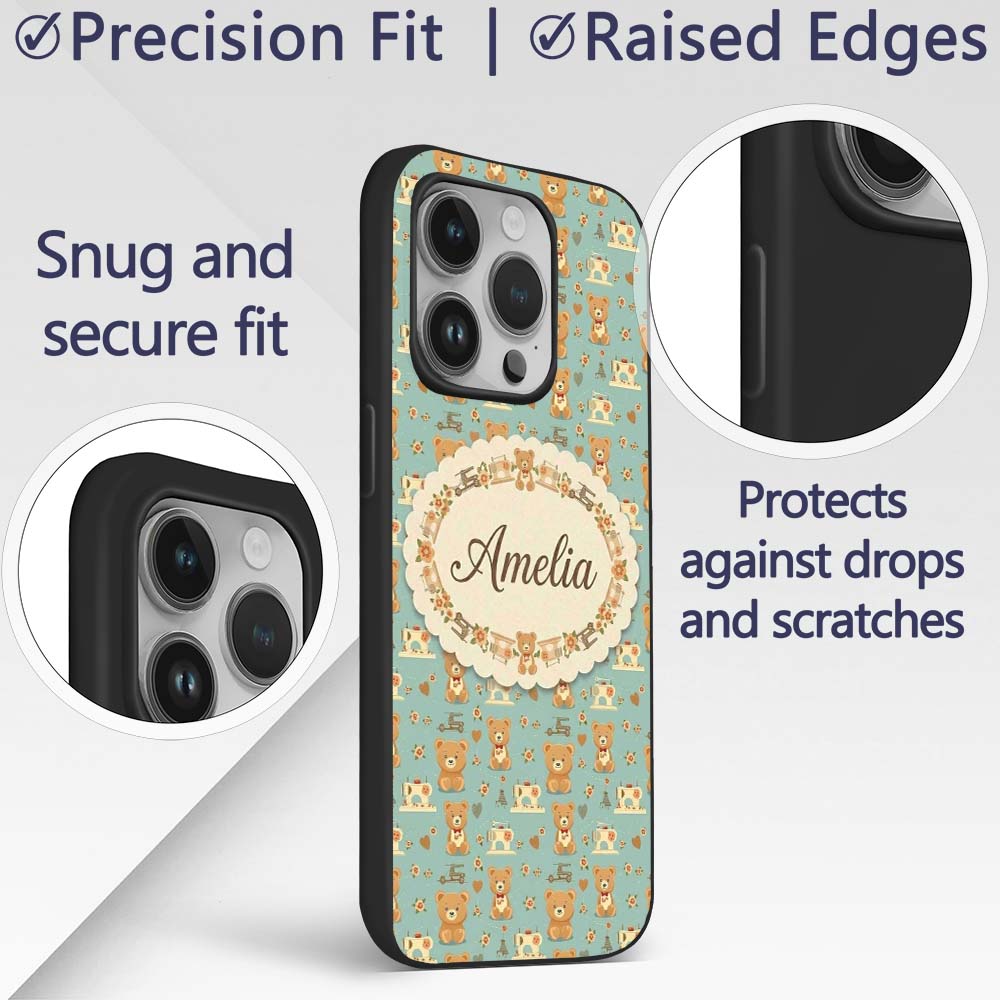 Cute Teddy Bear Sewing Theme Decorative Design Custom Name Protective Phone Case Mobile Cover Durable Everyday Smartphone Shock Resistant