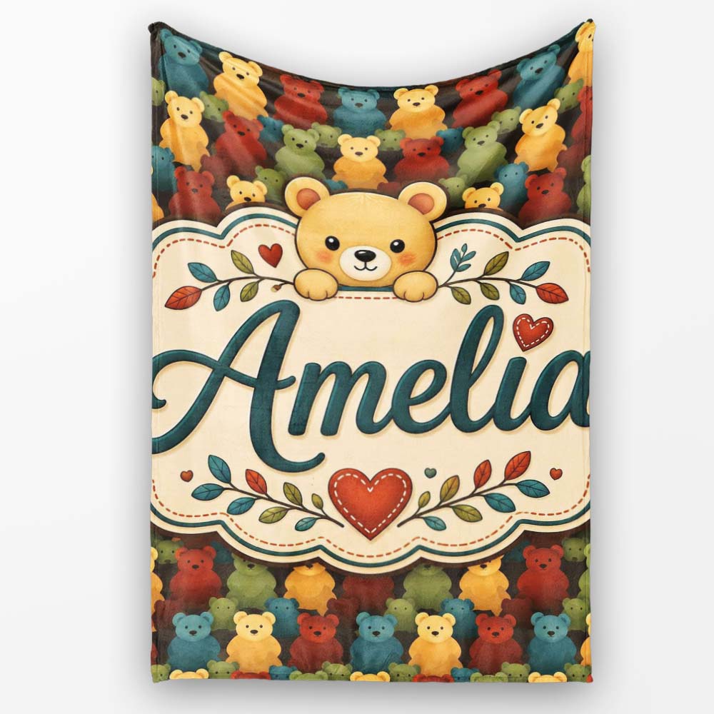 Colorful Teddy Bear Rows Minimal Style Seamless Pattern Lovely Personalised Custom Name Super Soft Fleece Blanket Bed Sofa Throw