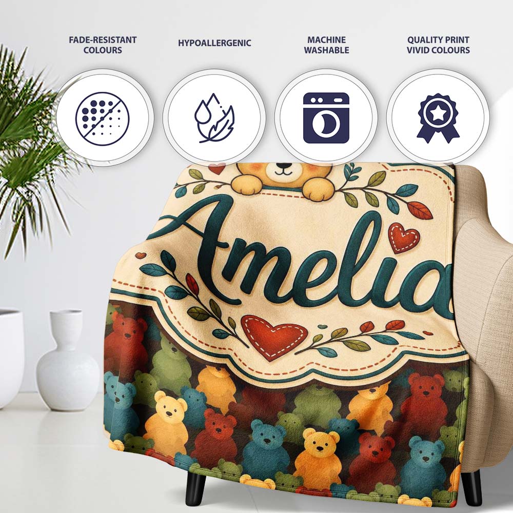 Colorful Teddy Bear Rows Minimal Style Seamless Pattern Lovely Personalised Custom Name Super Soft Fleece Blanket Bed Sofa Throw