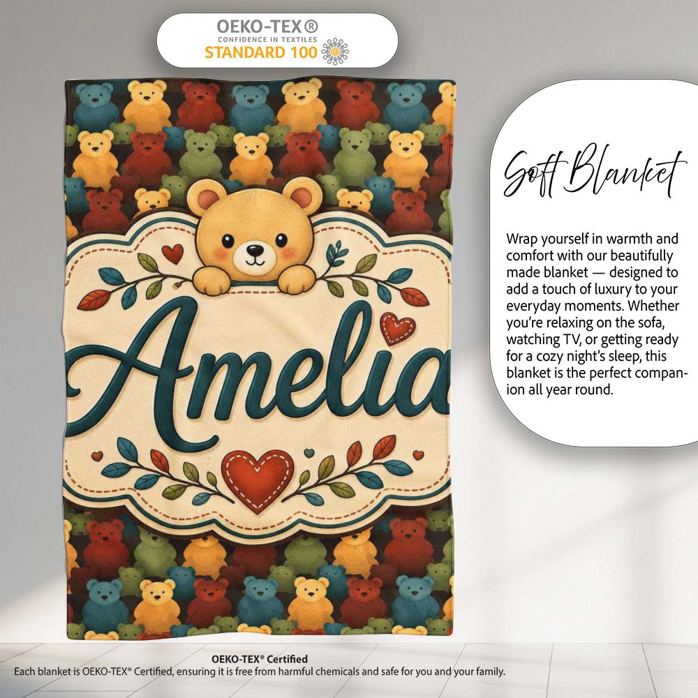 Colorful Teddy Bear Rows Minimal Style Seamless Pattern Lovely Personalised Custom Name Super Soft Fleece Blanket Bed Sofa Throw