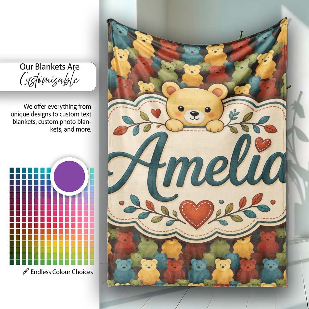 Colorful Teddy Bear Rows Minimal Style Seamless Pattern Lovely Personalised Custom Name Super Soft Fleece Blanket Bed Sofa Throw