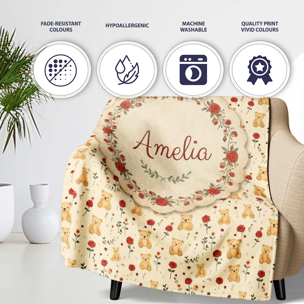 Cute Teddy Bear and Red Rose Floral Seamless Pattern Lovely Personalised Custom Name Super Soft Fleece Blanket Bed Sofa Throw