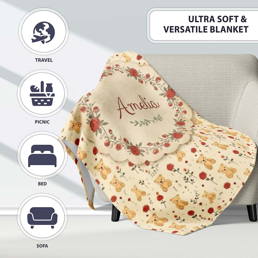 Cute Teddy Bear and Red Rose Floral Seamless Pattern Lovely Personalised Custom Name Super Soft Fleece Blanket Bed Sofa Throw