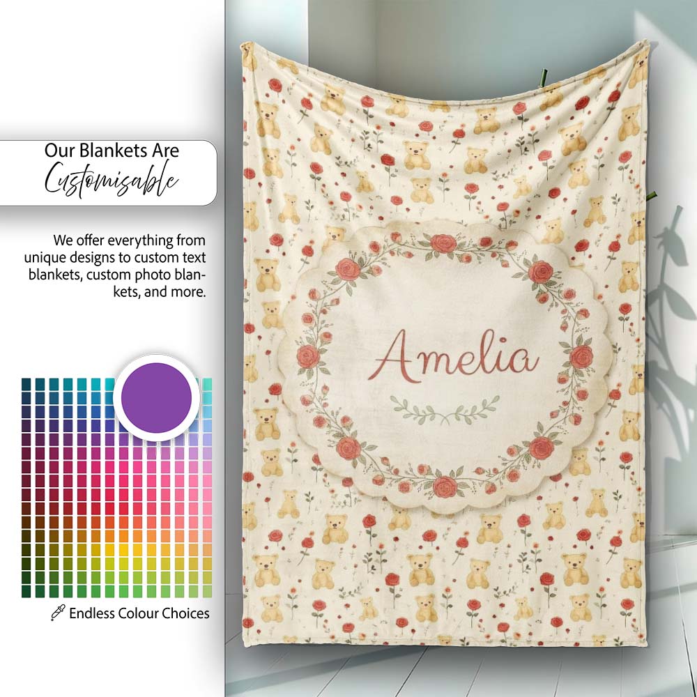 Cute Teddy Bear and Red Rose Floral Seamless Pattern Lovely Personalised Custom Name Super Soft Fleece Blanket Bed Sofa Throw