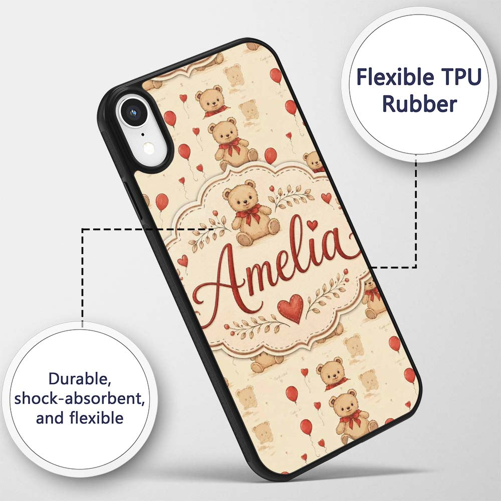 Cute Teddy Bears with Red Balloons Vintage Style Custom Name Protective Phone Case Mobile Cover Durable Everyday Smartphone Shock Resistant