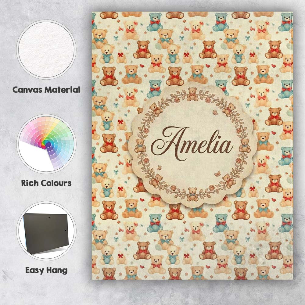 Personalised Name Cute Multicolor Teddy Custom Modern Room Accent Elegant Feature Canvas Wall Art Print Decor Picture Ready to Hang