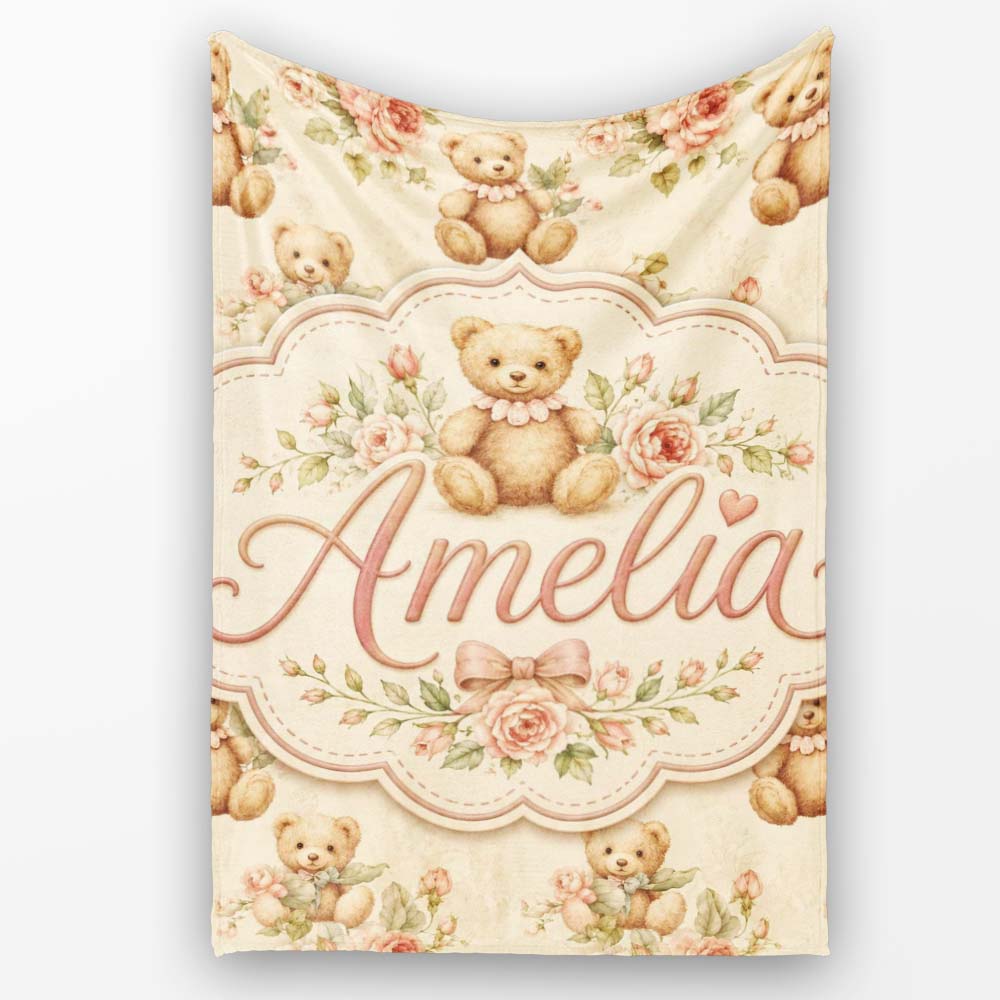 Vintage Teddy Bears with Soft Rose Floral Background Seamless Lovely Personalised Custom Name Super Soft Fleece Blanket Bed Sofa Throw