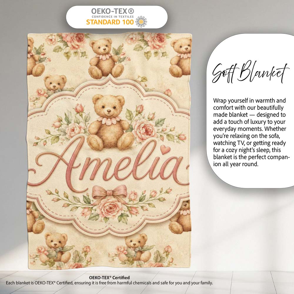 Vintage Teddy Bears with Soft Rose Floral Background Seamless Lovely Personalised Custom Name Super Soft Fleece Blanket Bed Sofa Throw