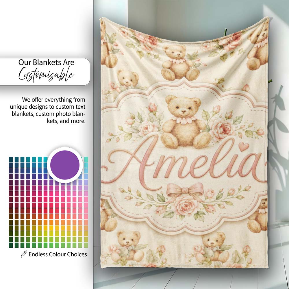Vintage Teddy Bears with Soft Rose Floral Background Seamless Lovely Personalised Custom Name Super Soft Fleece Blanket Bed Sofa Throw