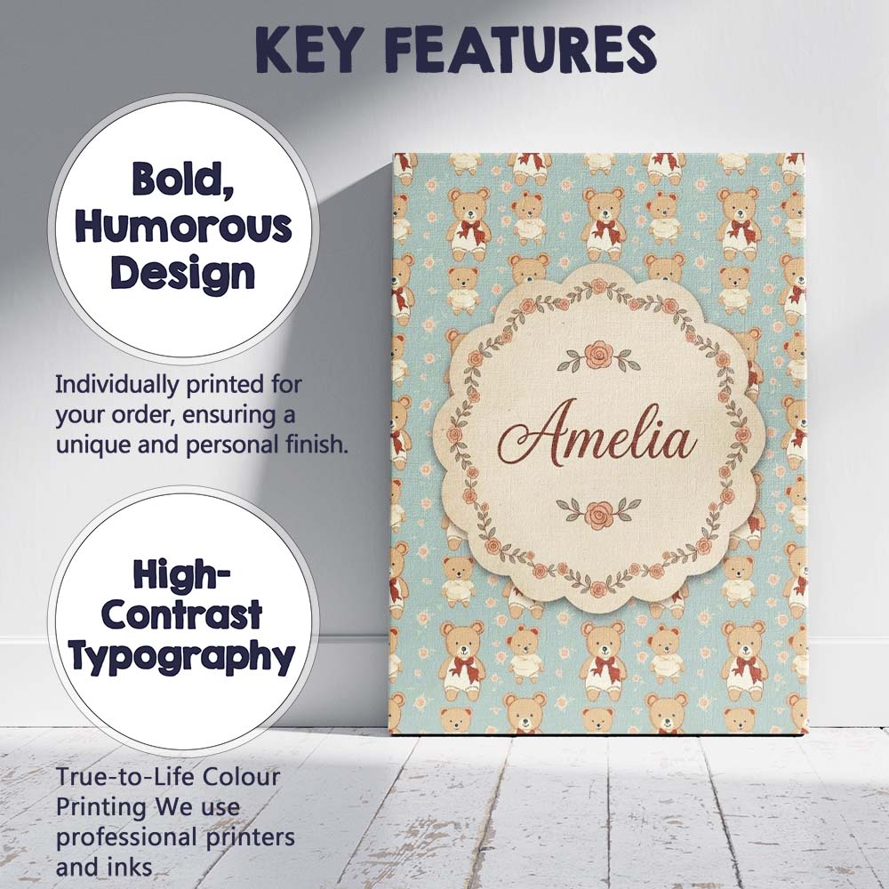 Personalised Name Cute Teddy Bears in Custom Modern Room Accent Creative Decorator Style Canvas Wall Art Print Decor Picture Ready to Hang