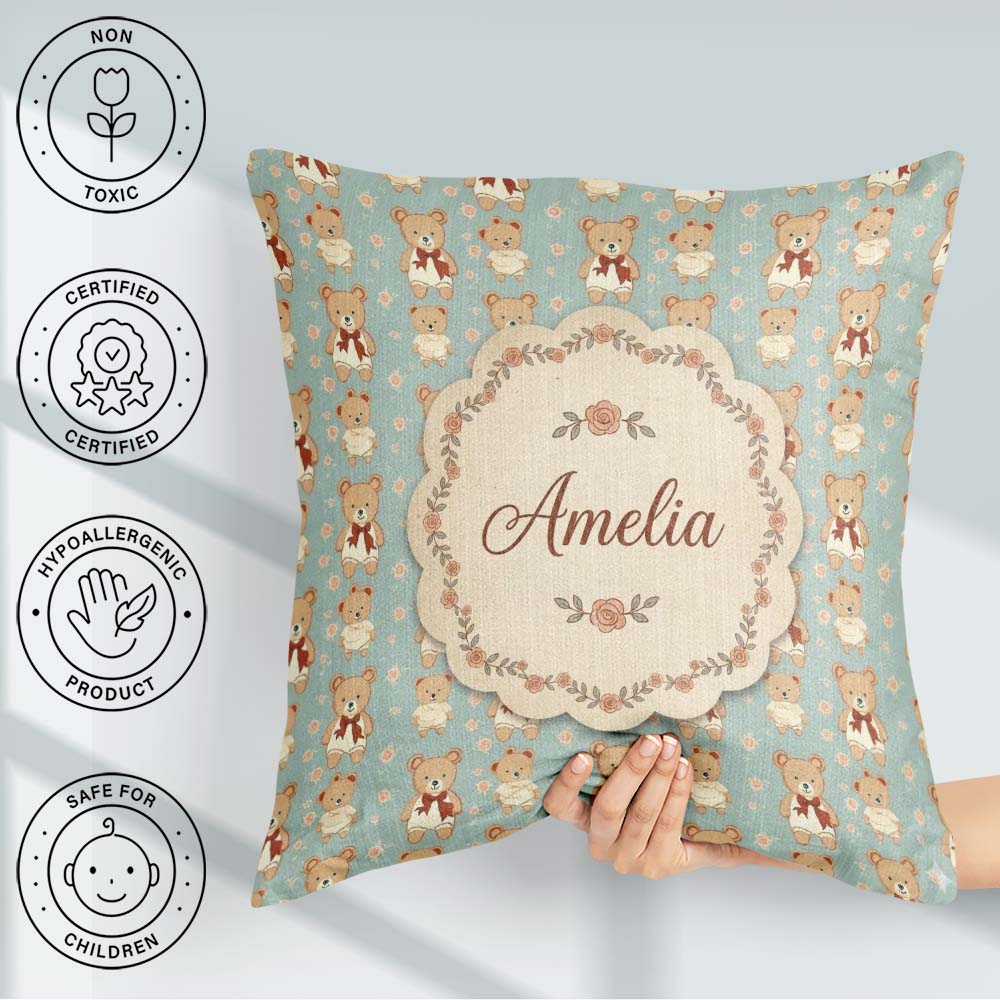 Custom Name Teddy Bears in Dresses with Floral Seamless Pattern Square Filled Cushion Throw Pillow Sofa Bed Home Decor Zip Washable UK Made
