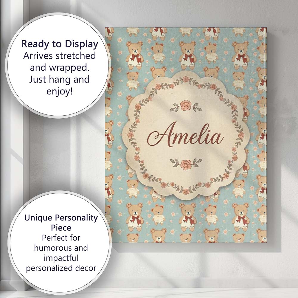 Personalised Name Cute Teddy Bears in Custom Modern Room Accent Creative Decorator Style Canvas Wall Art Print Decor Picture Ready to Hang
