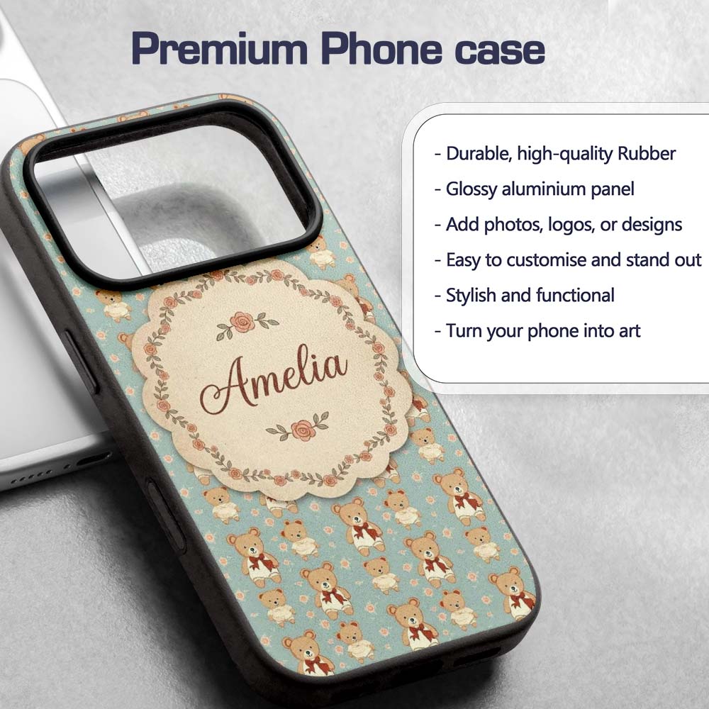 Cute Teddy Bears in Dresses with Printed Design Custom Name Protective Phone Case Mobile Cover Durable Everyday Smartphone Shock Resistant