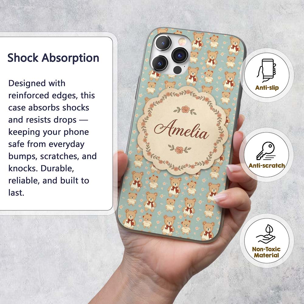Cute Teddy Bears in Dresses with Printed Design Custom Name Protective Phone Case Mobile Cover Durable Everyday Smartphone Shock Resistant