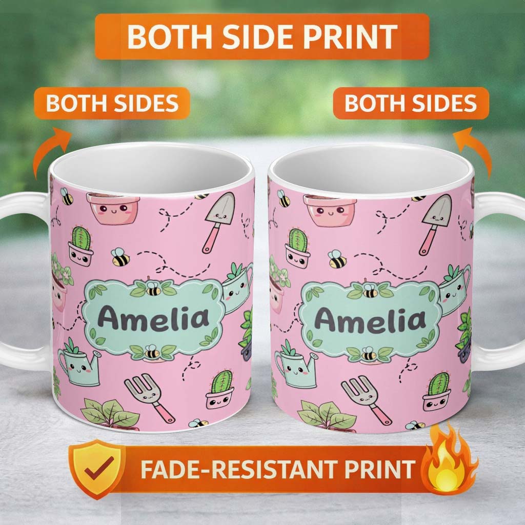 Personalized Custom Name Cute Kawaii Garden Tools Plants Bees Seamless Pattern Pink Lovely 11oz Ceramic Coffee Tea Mug White Large Handle