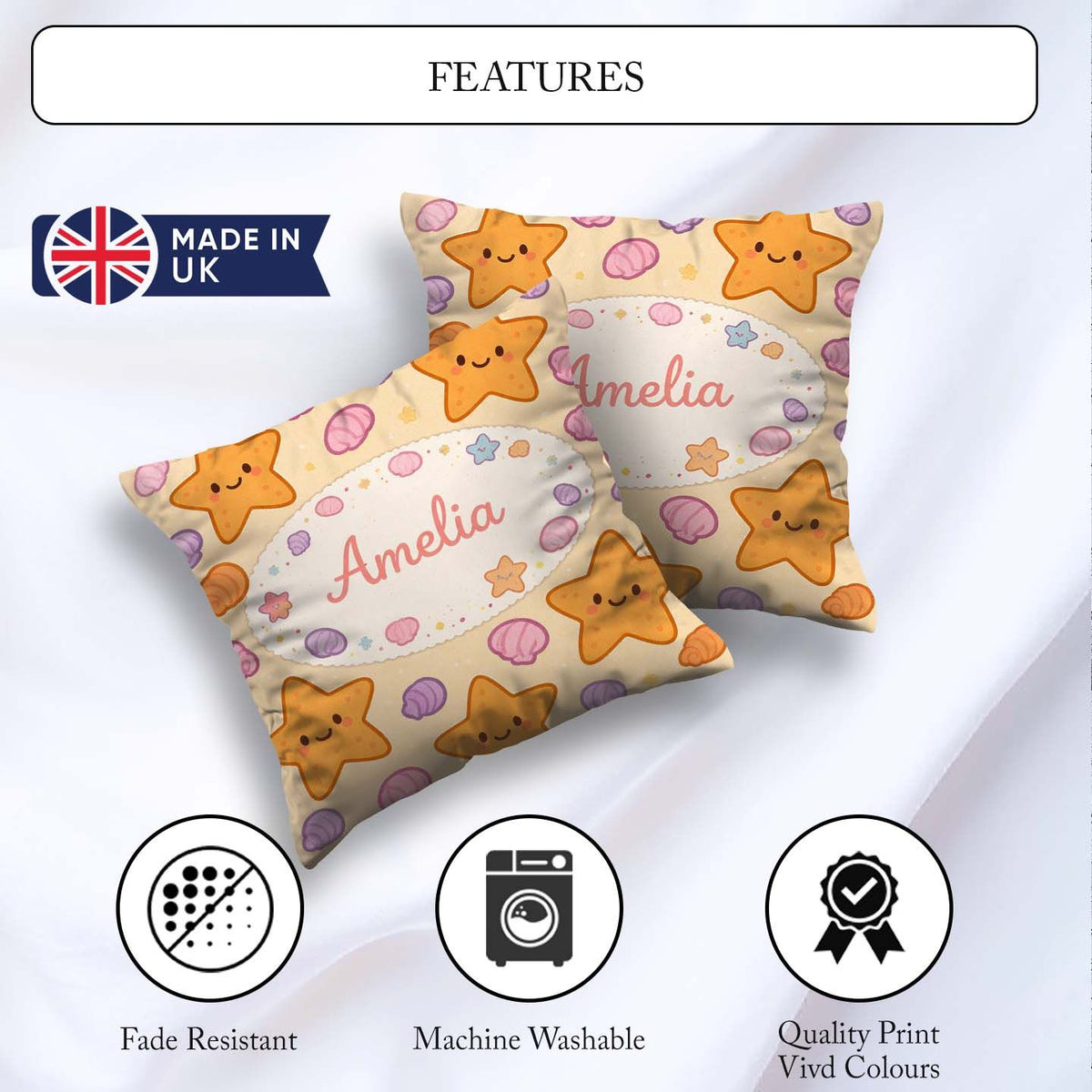 Custom Name Cute Starfish Shell Cartoon Ocean Animal Pattern Square Filled Cushion Throw Pillow Sofa Bed Home Decor Zip Washable UK Made