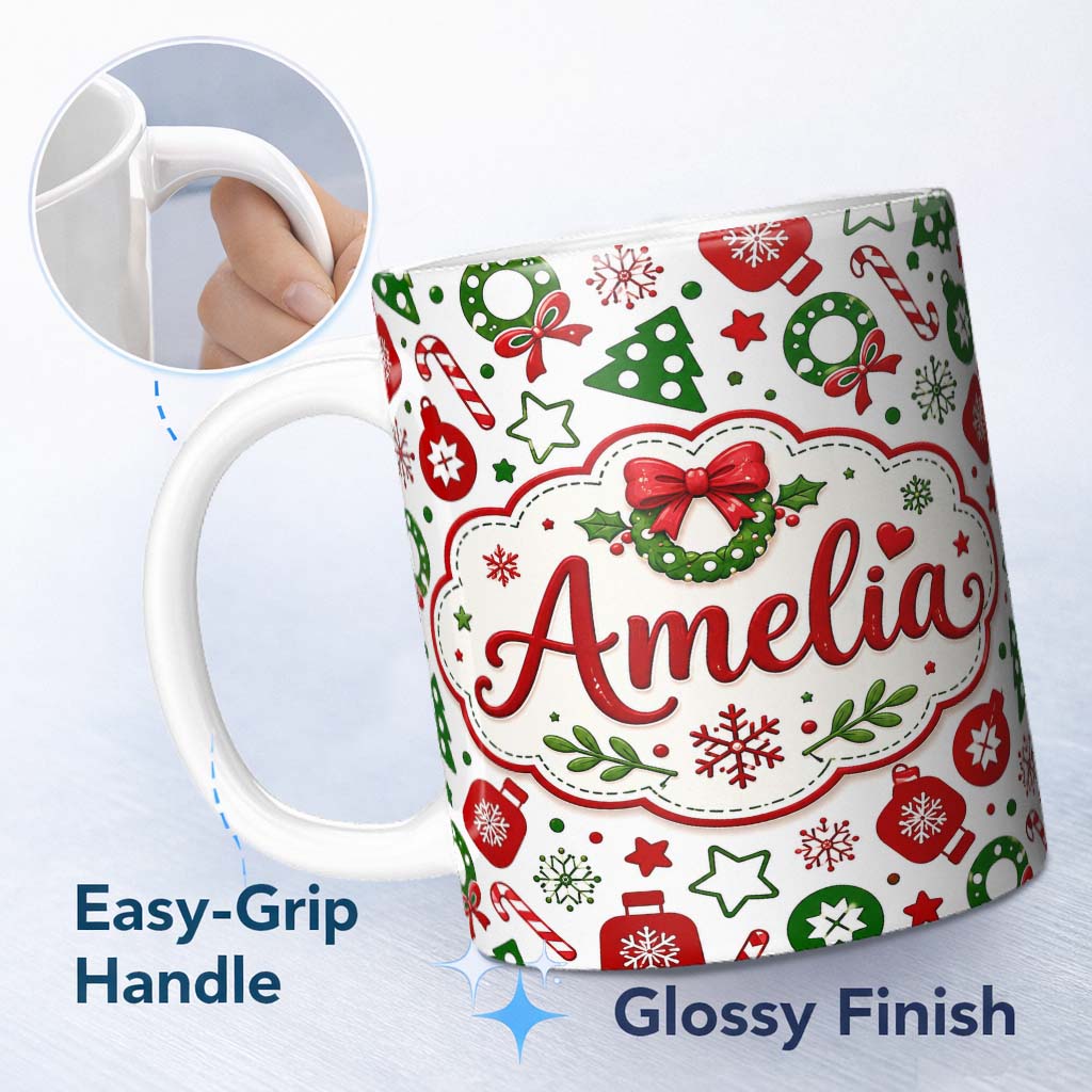 Personalized Custom Name Cute Christmas Ornaments Candy Cane Tree Wreath Seamless Pattern 11oz Ceramic Coffee Tea Mug White Large Handle