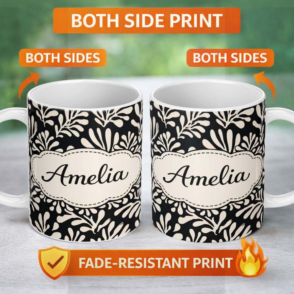 Personalized Custom Name Botanical Leaf Silhouettes Black Cream Organic Nature Pattern Lovely 11oz Ceramic Coffee Tea Mug White Large Handle