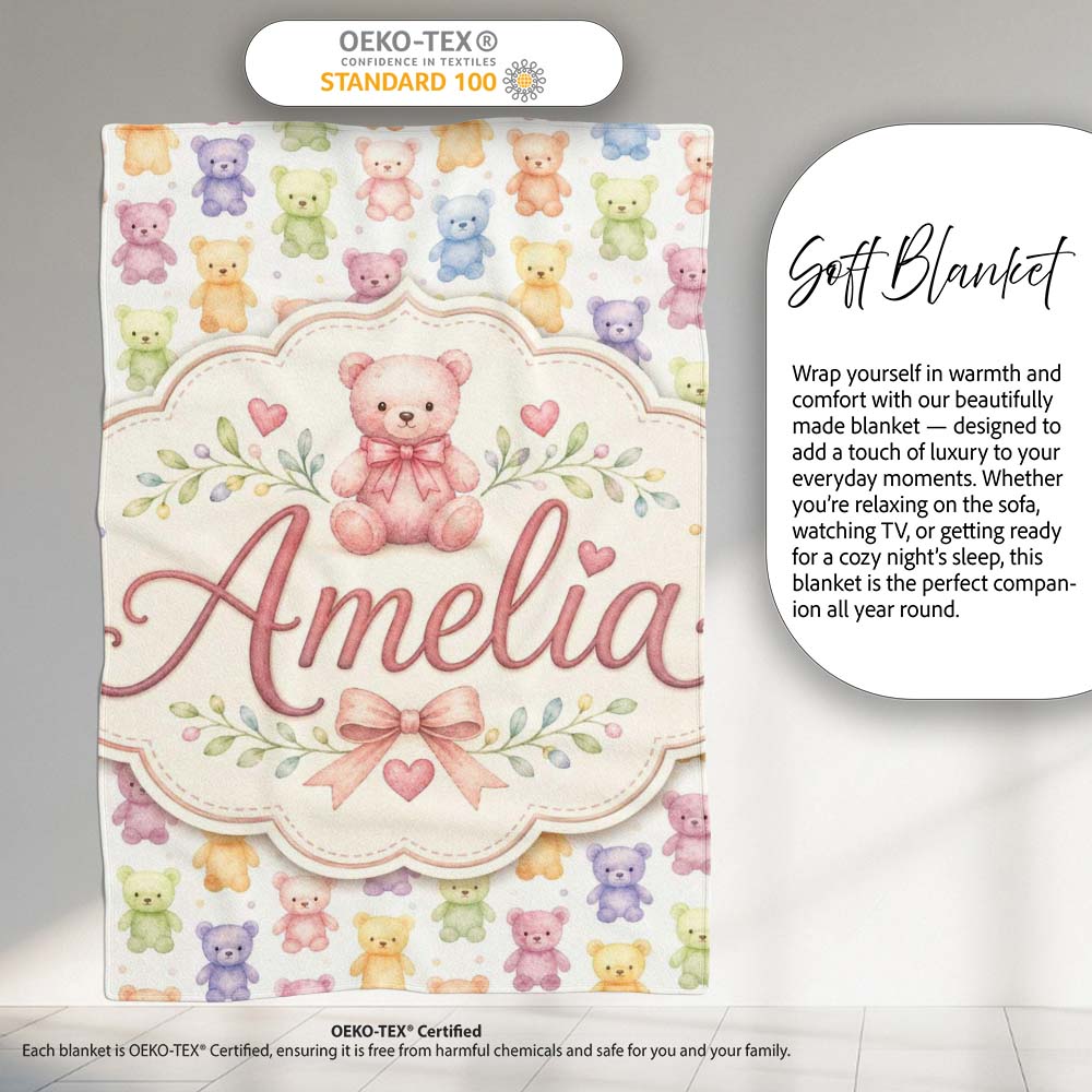 Pastel Rainbow Teddy Bears Soft Cute Seamless Pattern Lovely Personalised Custom Name Super Soft Fleece Blanket Bed Sofa Throw
