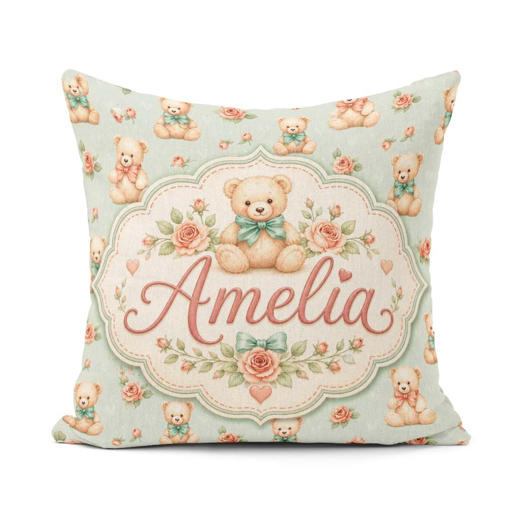 Custom Name Soft Teddy Bears with Bows and Rose Flowers Seamless Square Filled Cushion Throw Pillow Sofa Bed Home Decor Zip Washable UK Made