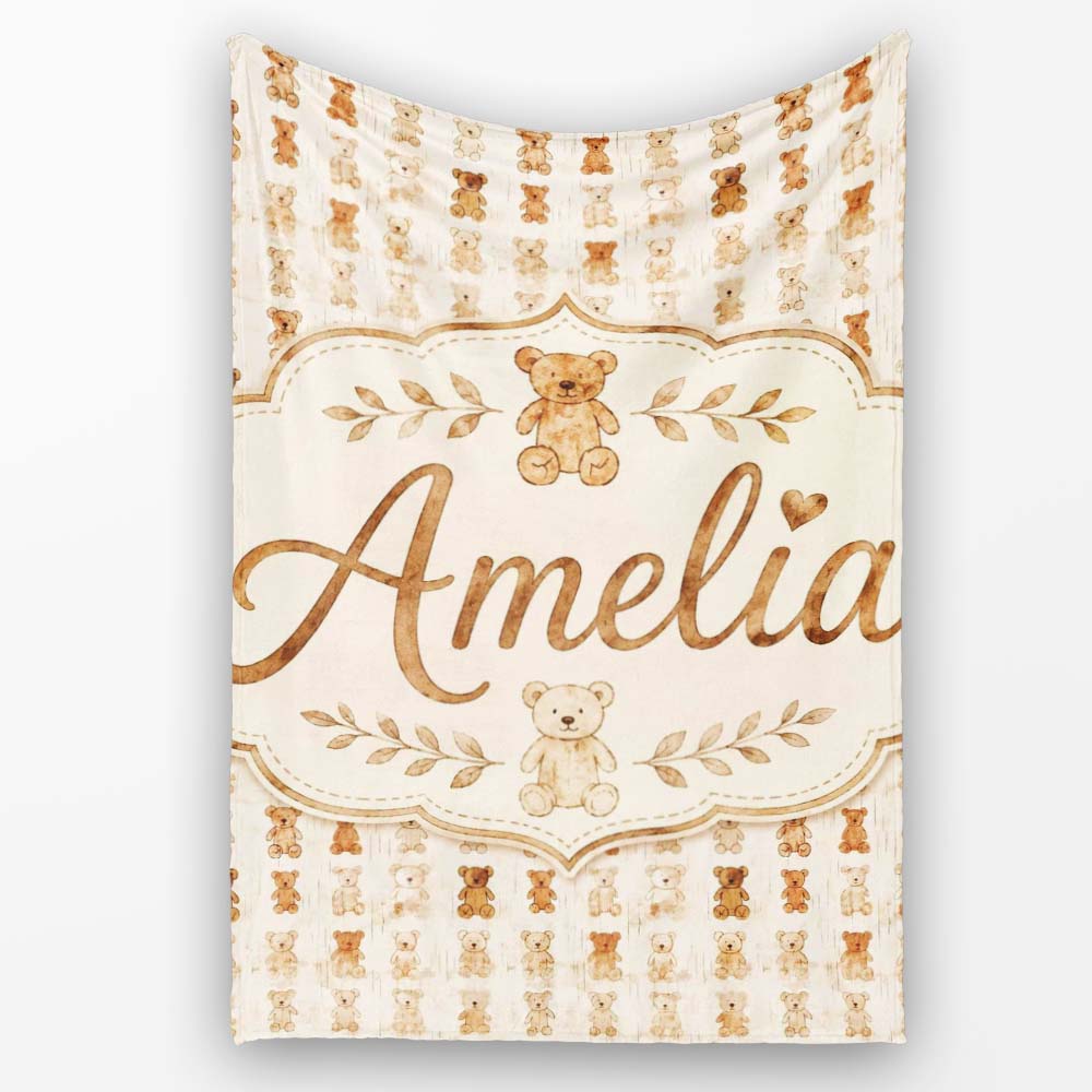 Vintage Distressed Teddy Bear Repeating Neutral Seamless Pattern Personalised Custom Name Super Soft Fleece Blanket Bed Sofa Throw