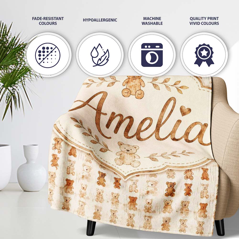 Vintage Distressed Teddy Bear Repeating Neutral Seamless Pattern Personalised Custom Name Super Soft Fleece Blanket Bed Sofa Throw