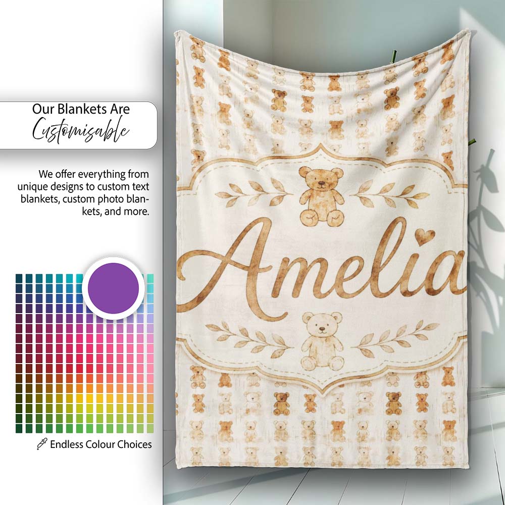 Vintage Distressed Teddy Bear Repeating Neutral Seamless Pattern Personalised Custom Name Super Soft Fleece Blanket Bed Sofa Throw