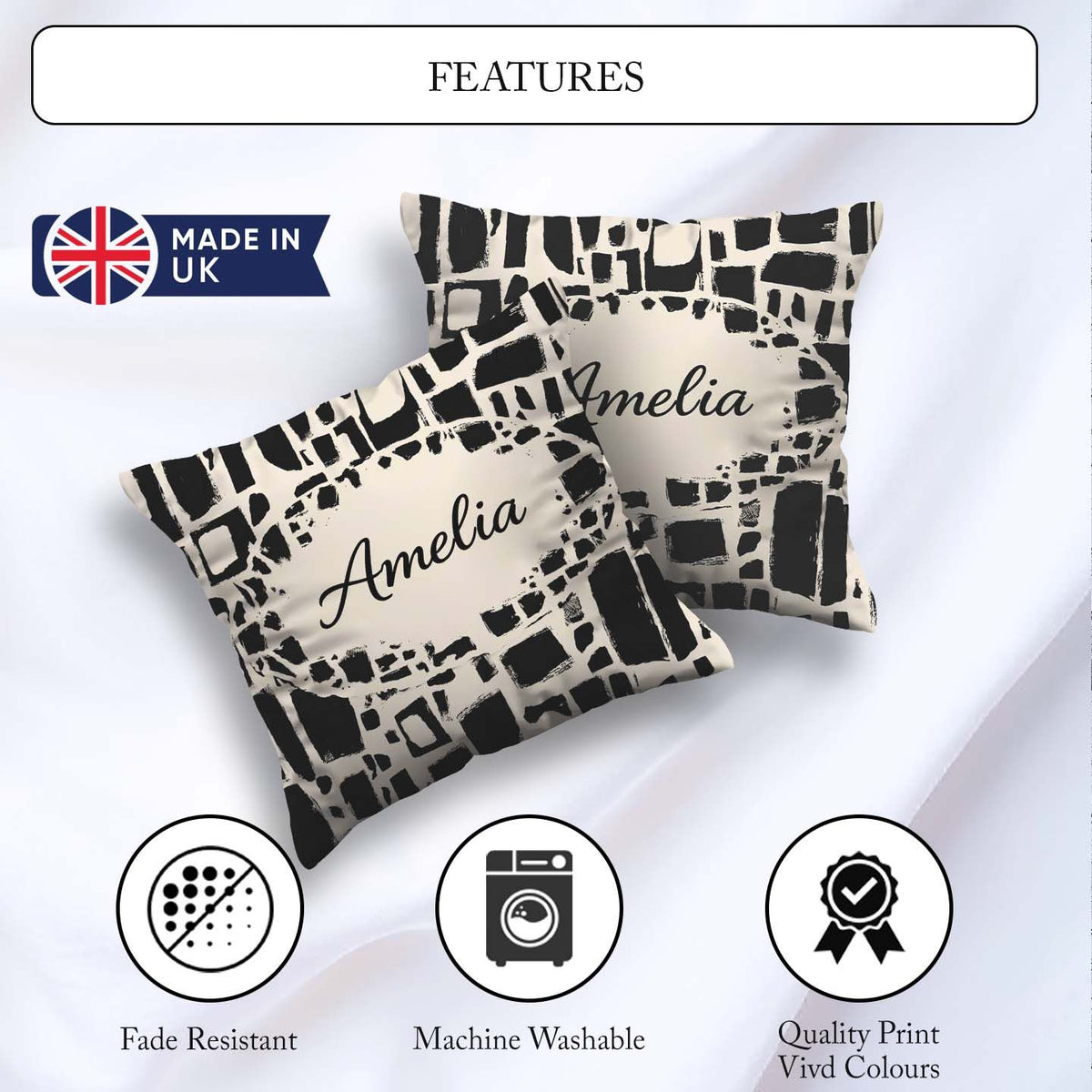 Custom Name Irregular Mosaic Tiles Black Cream Geometric Pattern Square Filled Cushion Throw Pillow Sofa Bed Home Decor Zip Washable UK Made