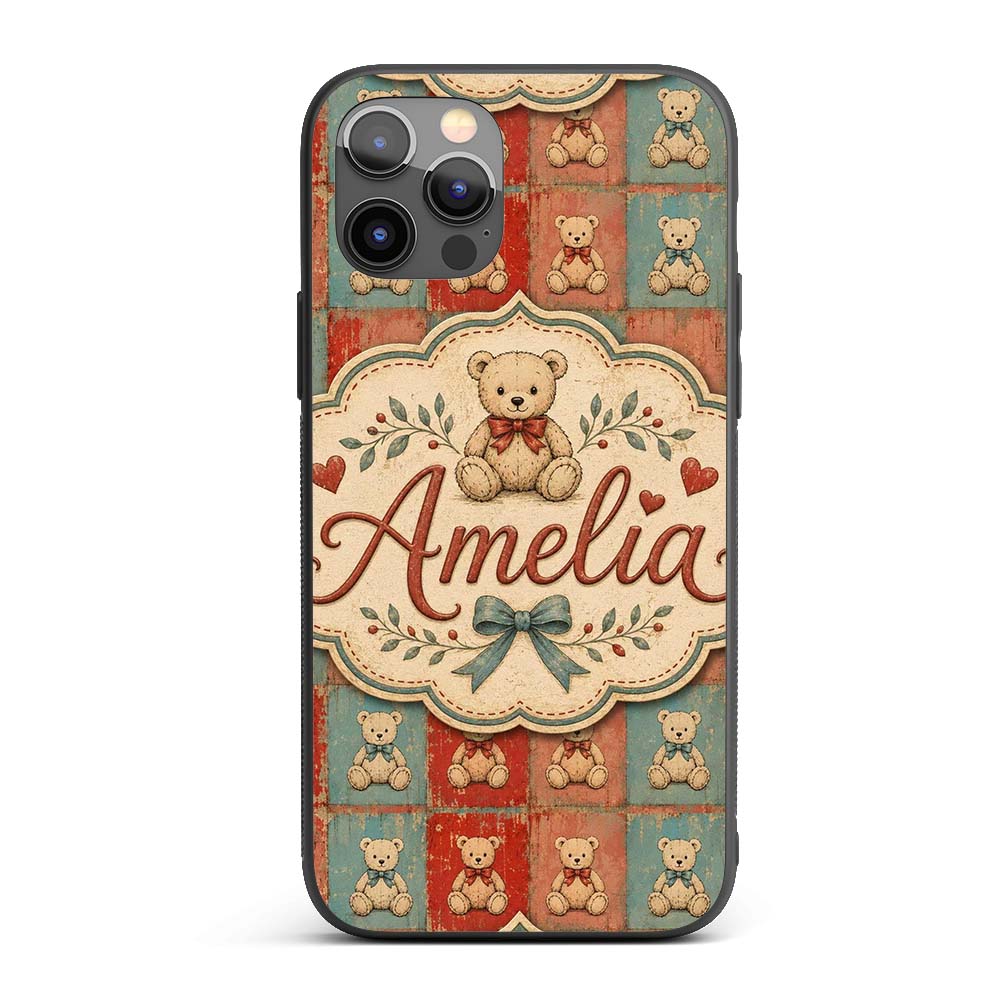 Vintage Teddy Bears Patchwork Style Red and Blue Custom Name Protective Phone Case Mobile Cover Durable Everyday Smartphone Shock Resistant