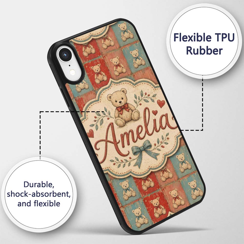 Vintage Teddy Bears Patchwork Style Red and Blue Custom Name Protective Phone Case Mobile Cover Durable Everyday Smartphone Shock Resistant