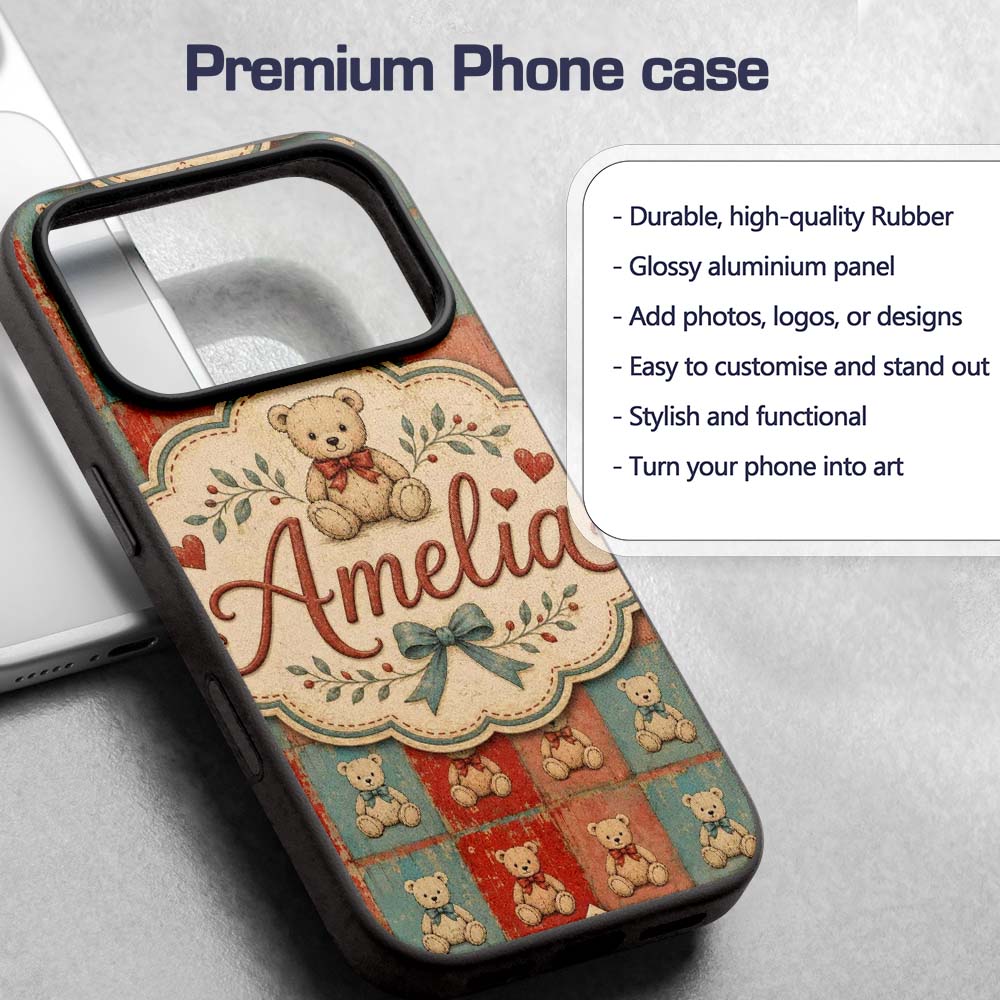 Vintage Teddy Bears Patchwork Style Red and Blue Custom Name Protective Phone Case Mobile Cover Durable Everyday Smartphone Shock Resistant