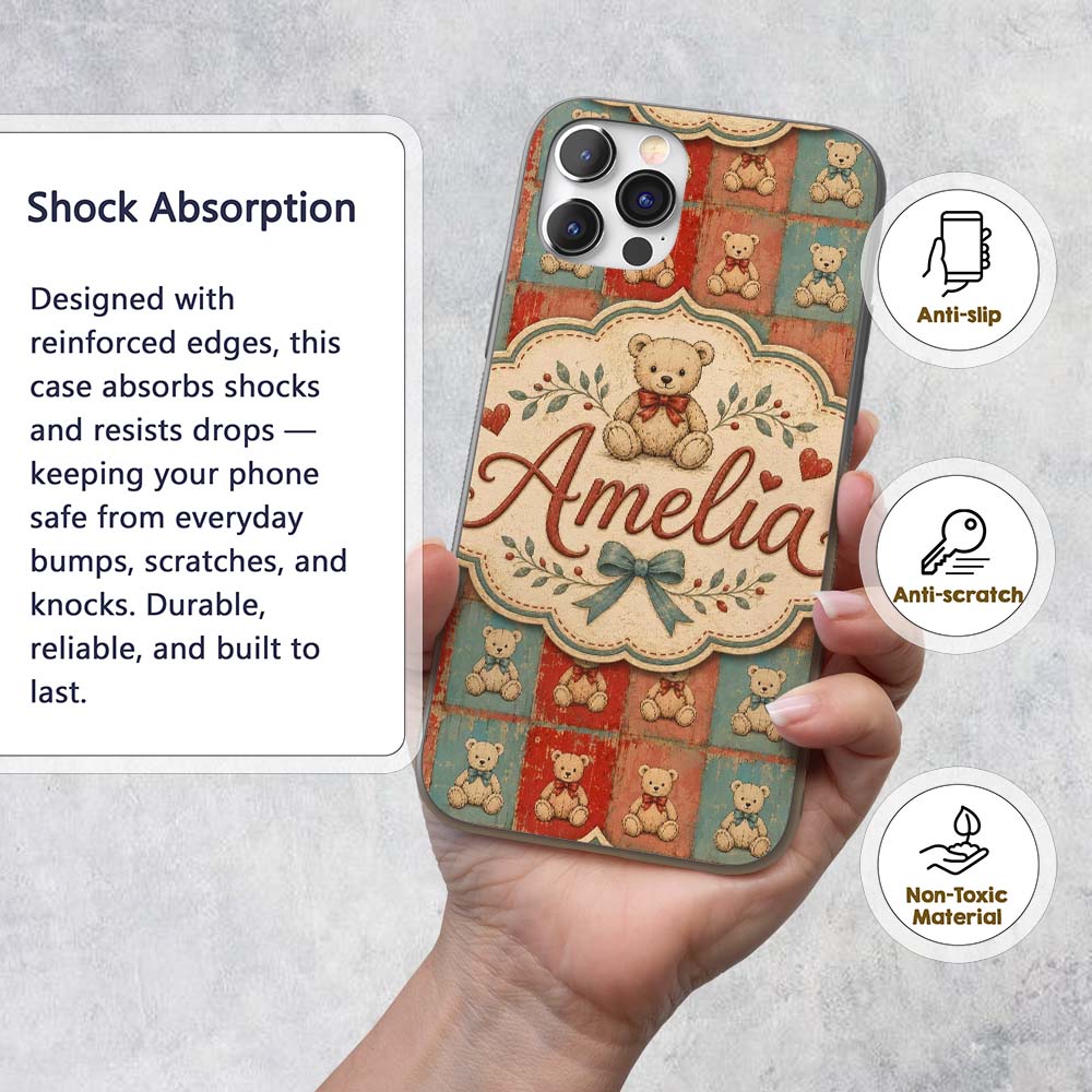Vintage Teddy Bears Patchwork Style Red and Blue Custom Name Protective Phone Case Mobile Cover Durable Everyday Smartphone Shock Resistant