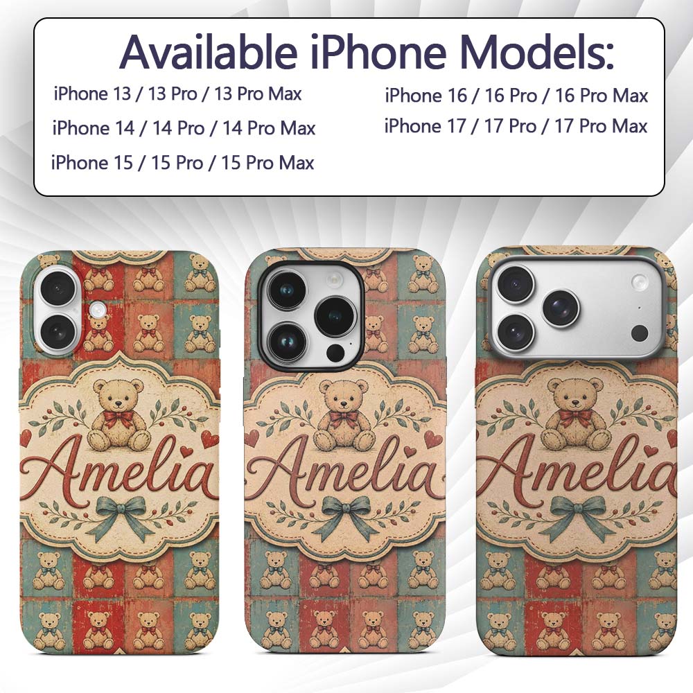 Vintage Teddy Bears Patchwork Style Red and Blue Custom Name Protective Phone Case Mobile Cover Durable Everyday Smartphone Shock Resistant
