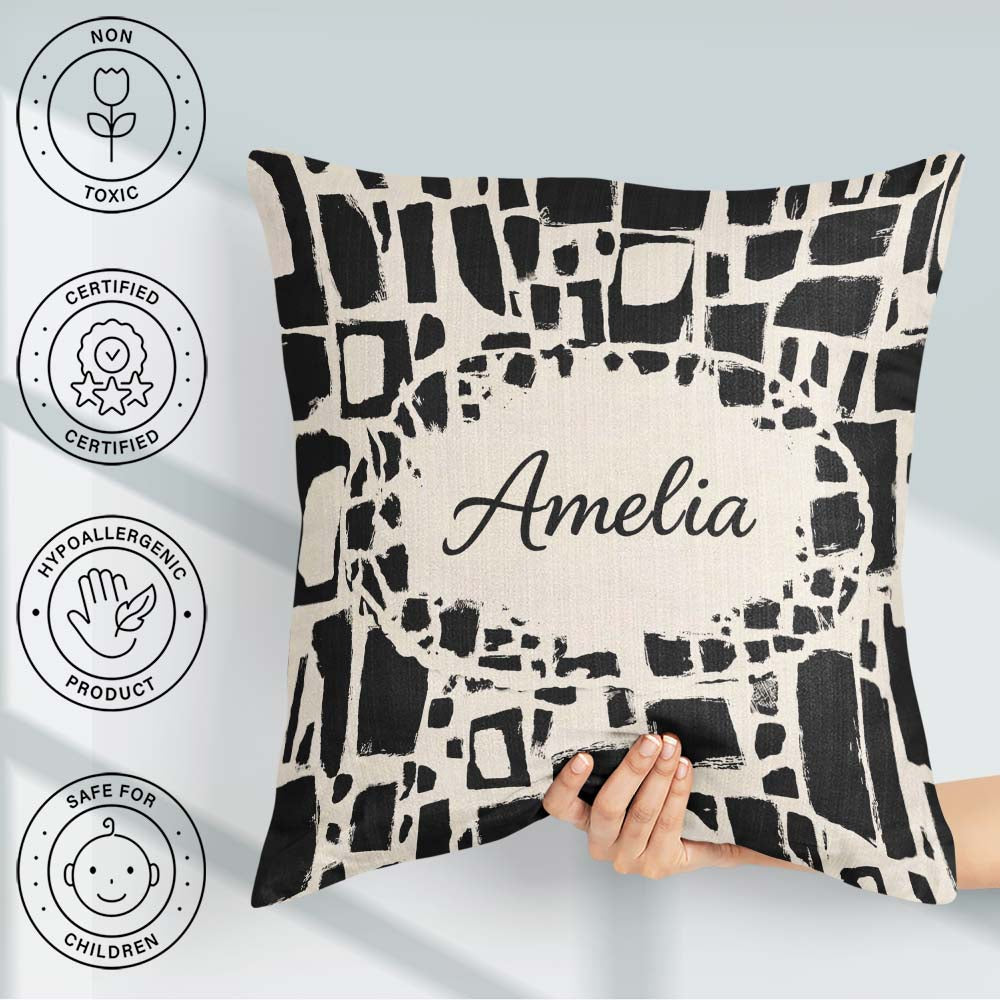 Custom Name Irregular Mosaic Tiles Black Cream Geometric Pattern Square Filled Cushion Throw Pillow Sofa Bed Home Decor Zip Washable UK Made