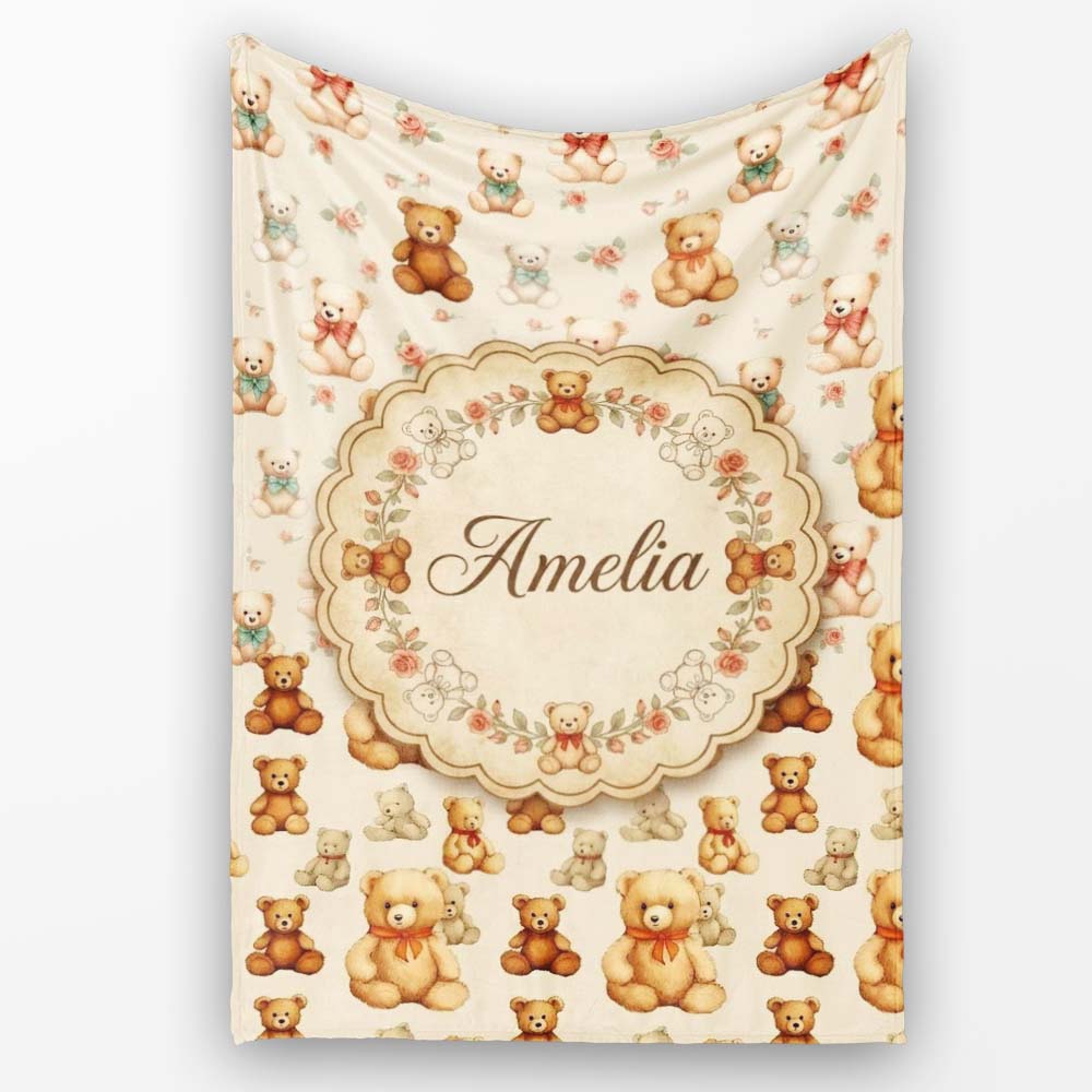 Cute Teddy Bears with Soft Neutral Background Seamless Pattern Personalised Custom Name Super Soft Fleece Blanket Bed Sofa Throw