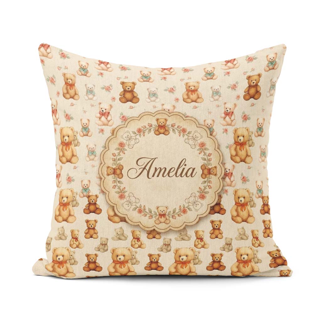 Custom Name Cute Teddy Bears with Soft Neutral Seamless Pattern Square Filled Cushion Throw Pillow Sofa Bed Home Decor Zip Washable UK Made
