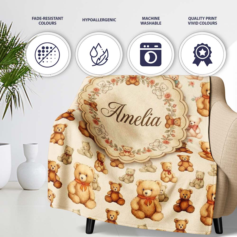 Cute Teddy Bears with Soft Neutral Background Seamless Pattern Personalised Custom Name Super Soft Fleece Blanket Bed Sofa Throw