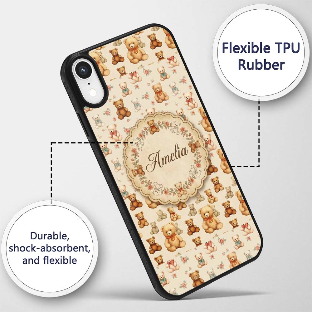 Cute Teddy Bears with Soft Neutral Background Custom Name Protective Phone Case Mobile Cover Durable Everyday Smartphone Shock Resistant