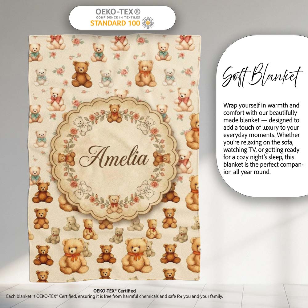 Cute Teddy Bears with Soft Neutral Background Seamless Pattern Personalised Custom Name Super Soft Fleece Blanket Bed Sofa Throw