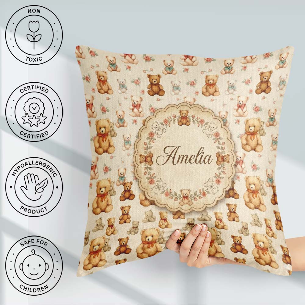 Custom Name Cute Teddy Bears with Soft Neutral Seamless Pattern Square Filled Cushion Throw Pillow Sofa Bed Home Decor Zip Washable UK Made