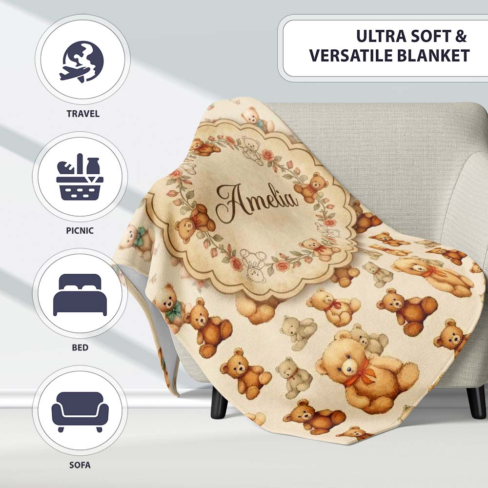 Cute Teddy Bears with Soft Neutral Background Seamless Pattern Personalised Custom Name Super Soft Fleece Blanket Bed Sofa Throw