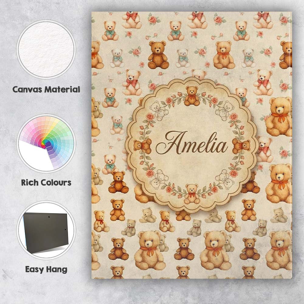 Personalised Name Cute Teddy Bears with Custom Modern Room Accent Elegant Feature Canvas Wall Art Print Decor Picture Ready to Hang