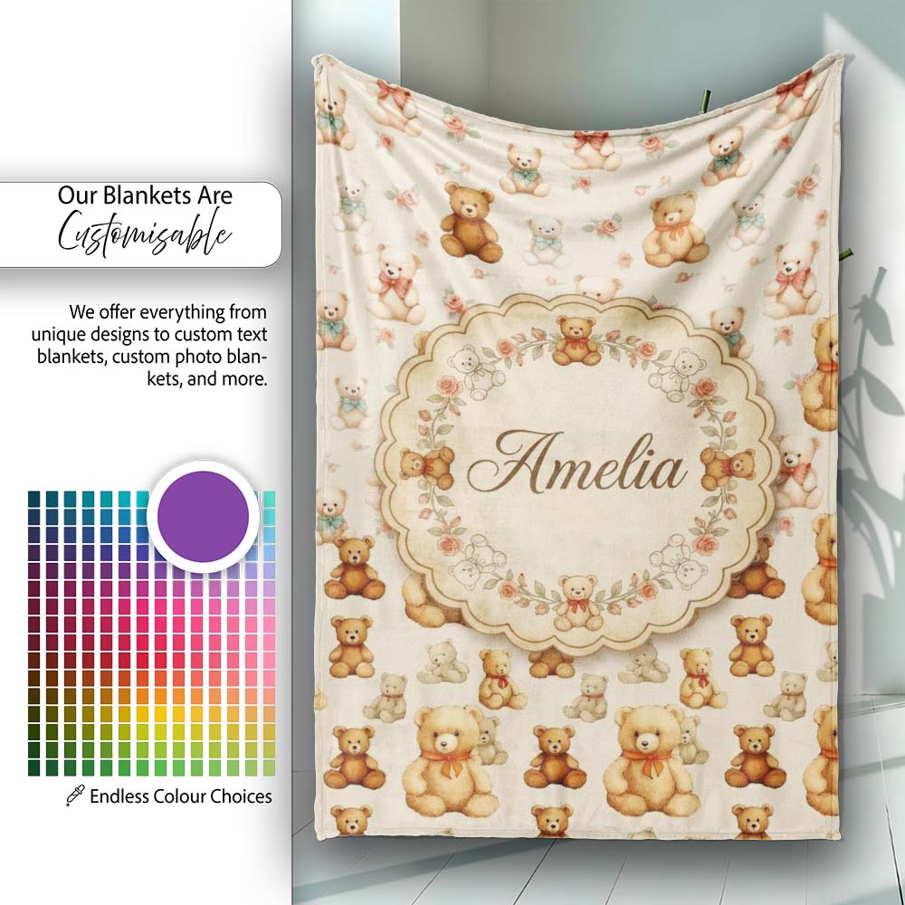 Cute Teddy Bears with Soft Neutral Background Seamless Pattern Personalised Custom Name Super Soft Fleece Blanket Bed Sofa Throw