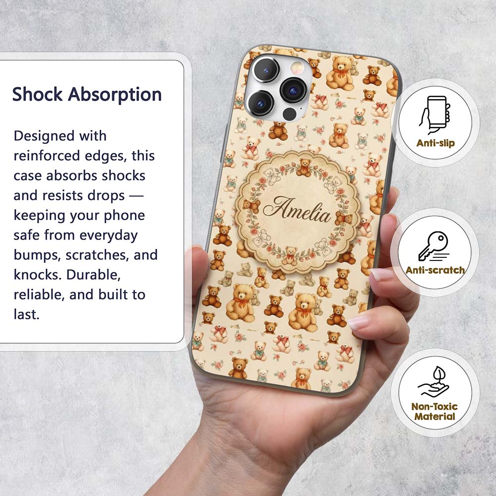 Cute Teddy Bears with Soft Neutral Background Custom Name Protective Phone Case Mobile Cover Durable Everyday Smartphone Shock Resistant