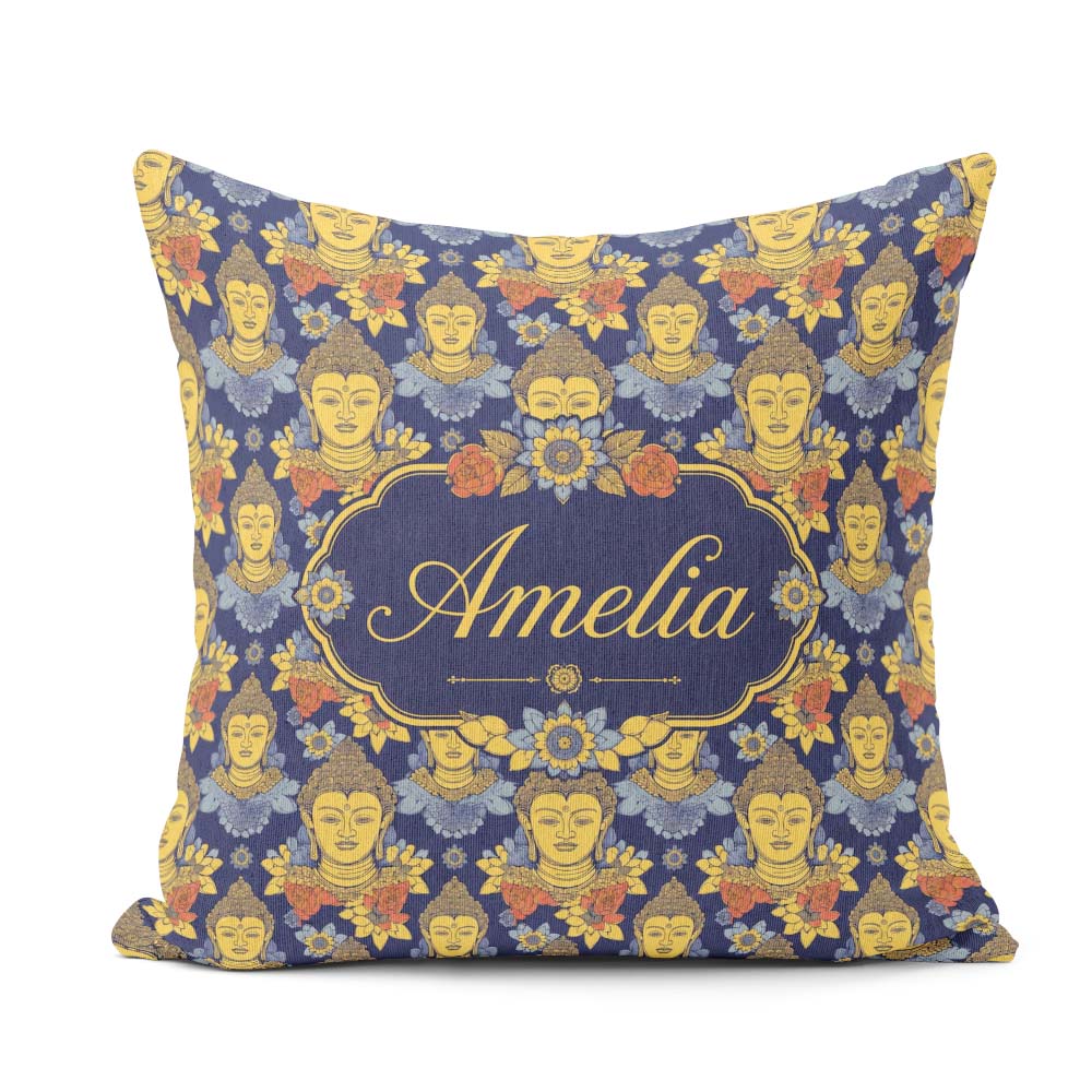 Custom Name Golden Buddha Faces Floral Elements Seamless Pattern Square Filled Cushion Throw Pillow Sofa Bed Home Decor Zip Washable UK Made